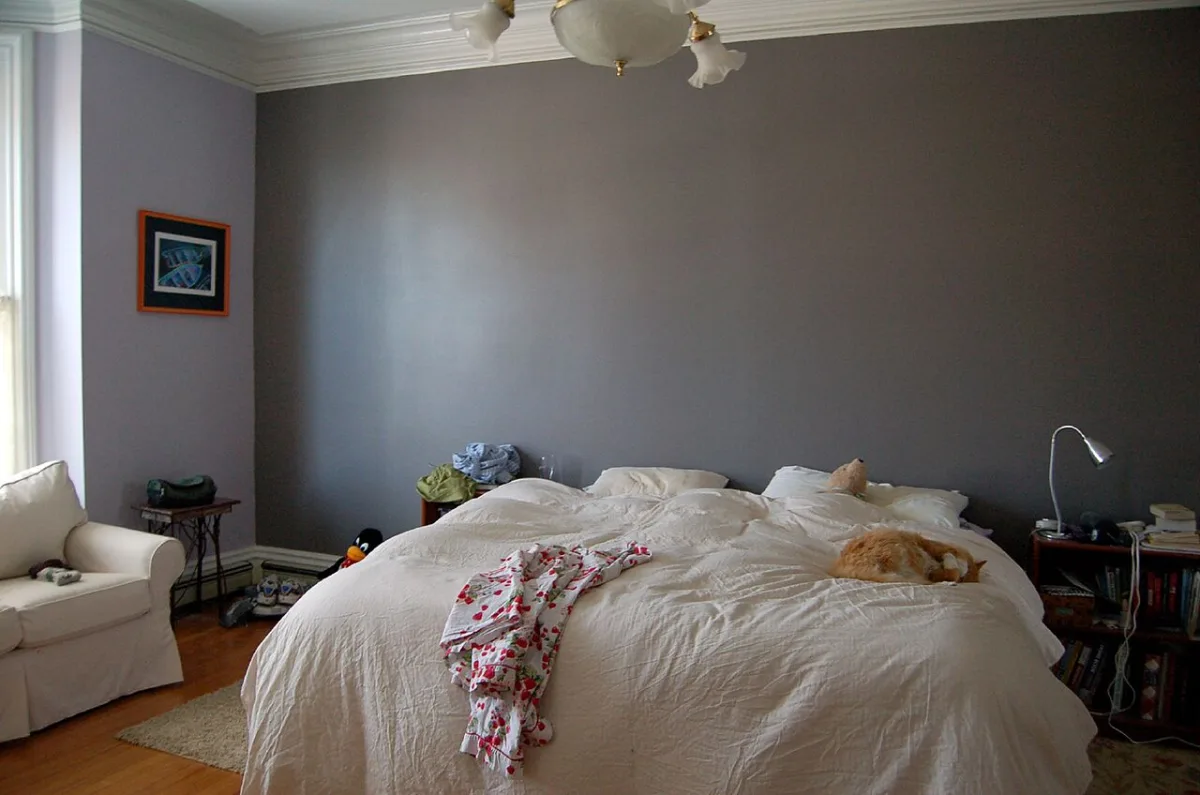 Slaapkamer met een paarsgrijze accentmuur achter een bed met wit dekbed