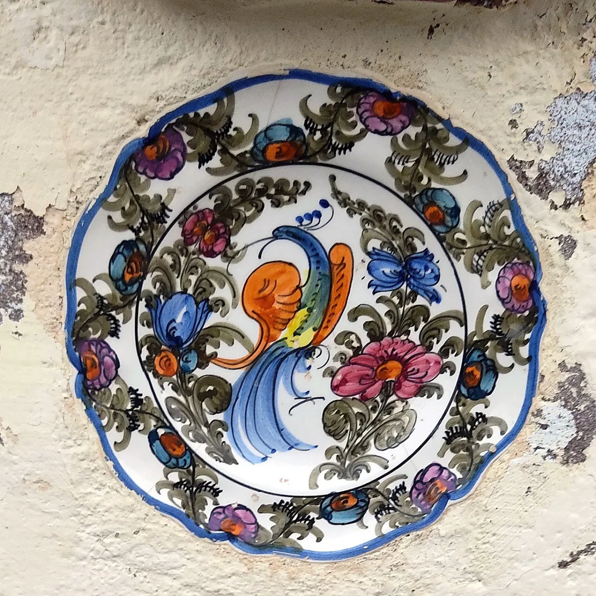 Decoratief handgeschilderd bord met pauwmotief en bloemenrand, opgehangen aan een muur